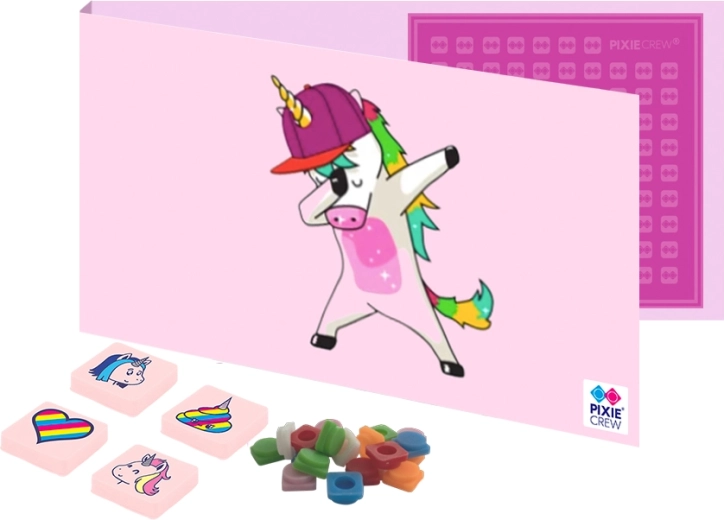 Pixie Crew postcard and greeting card with a gift inside - unicorn