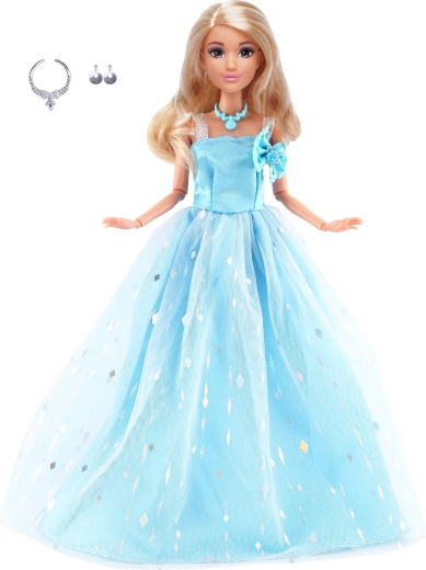 Fashion doll in a long light blue evening dress