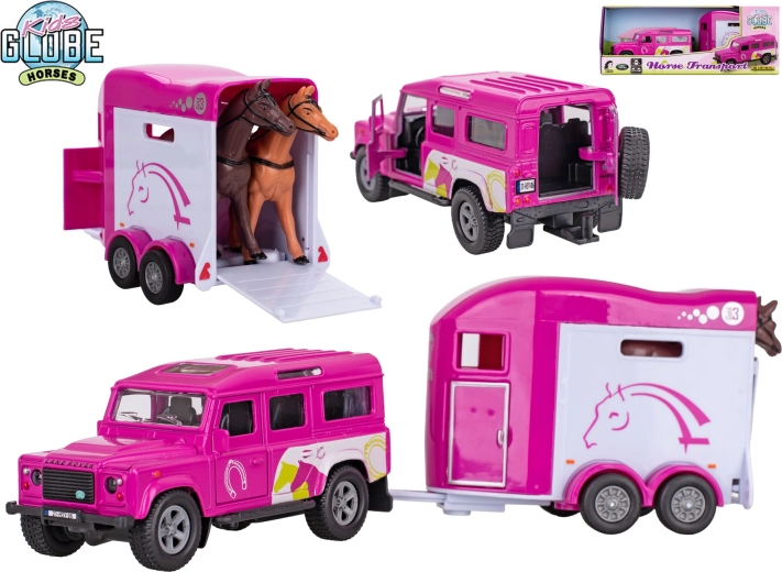 Kids Globe Land Rover с ремарке за коне – розов метален модел с обратен ход