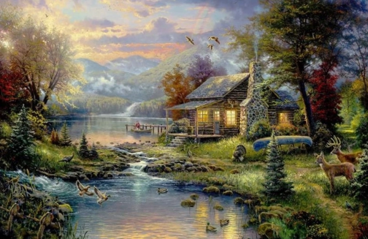Диамантено рисуване – планинска хижа край езеро 30 × 40 см