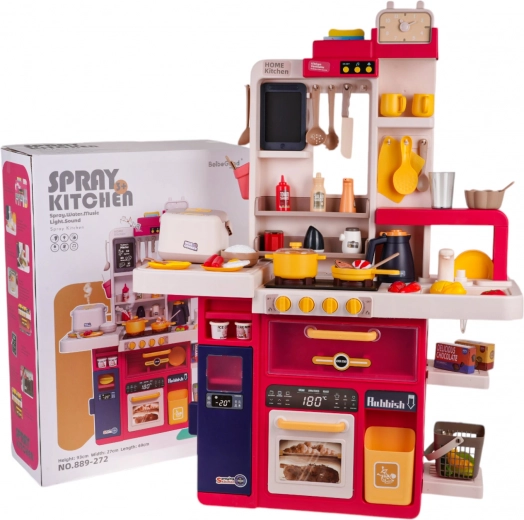 Children's interactive kitchen with steam, lights and sounds, 80 pieces – Red