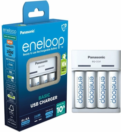 Panasonic Eneloop EKO USB Charger BQ-CC61 + AA Rechargeable Batteries 2000 mAh (4 pcs)