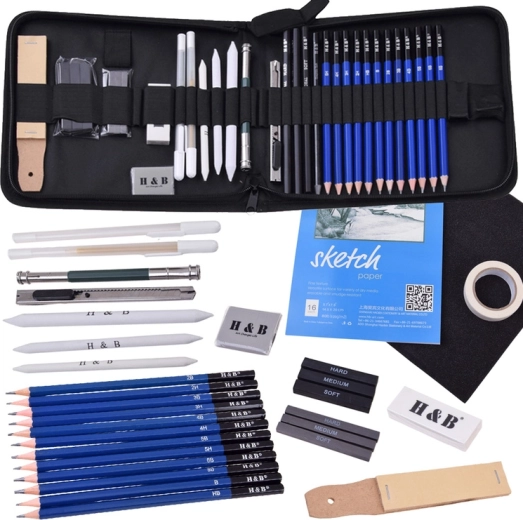 H&B sketching and drawing set, 36 pieces in a case