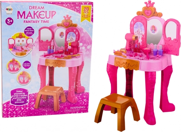 Children's vanity table with gesture sensor, accessories, pink
