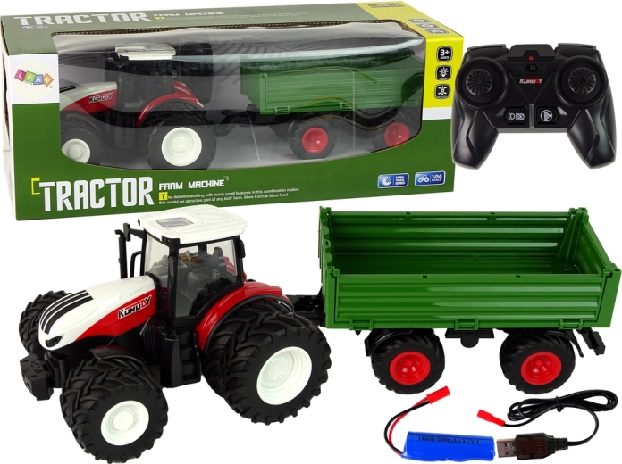 Remote-controlled tractor with trailer 1:24 red and green