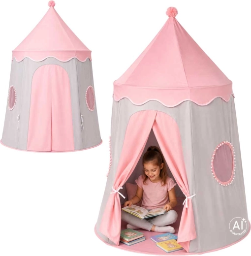 Children's foldable play tent in a castle shape, gray-pink