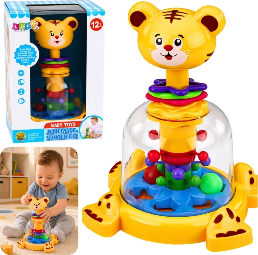 Interactive tiger spinner toy with swirling balls for babies