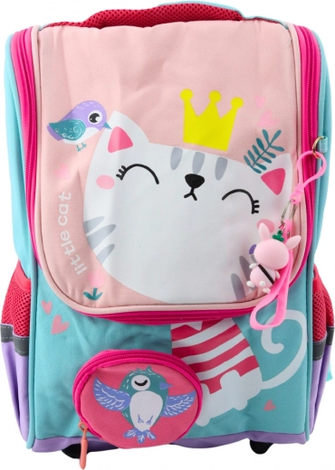 School backpack with the design of a white kitten and detachable pouch 21L