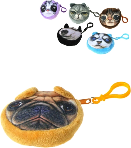 Plush round kids’ coin purse with dog and carabiner 9 cm - 1 piece