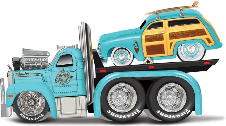 Maisto Muscle Transports 1953 Mack B-61 Flatbed with 1950 Ford Woody 1:64
