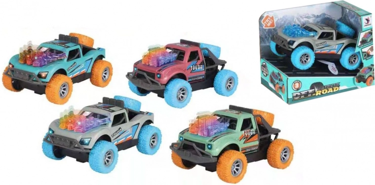 Friction-powered off-road car with light and sound effects