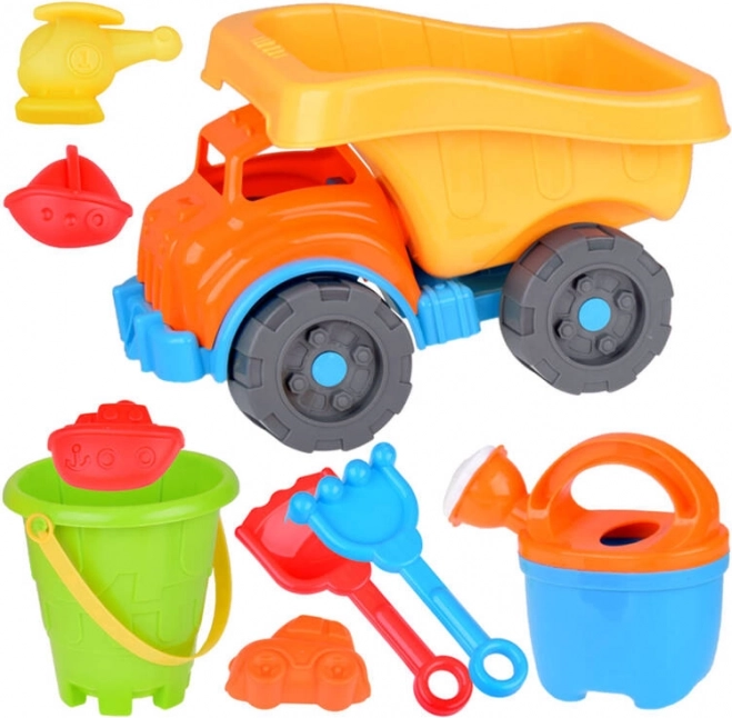 Large sand dump truck set with molds, shovel and rake