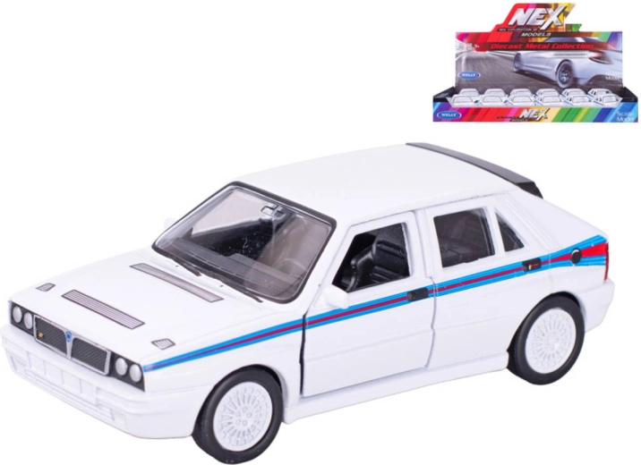 Welly Lancia Delta HF Martini pull-back car model, white, 11.5 cm