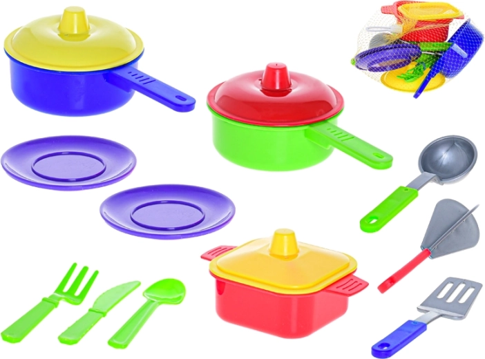 Mikro Trading children's plastic kitchen cookware set with cutlery in a mesh bag