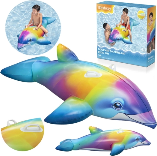 Bestway inflatable ride-on dolphin for water, multicolored, 168 × 66 cm