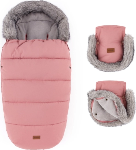 PETITE&MARS winter set: Comfy 4v1 footmuff + Furry stroller gloves old rose