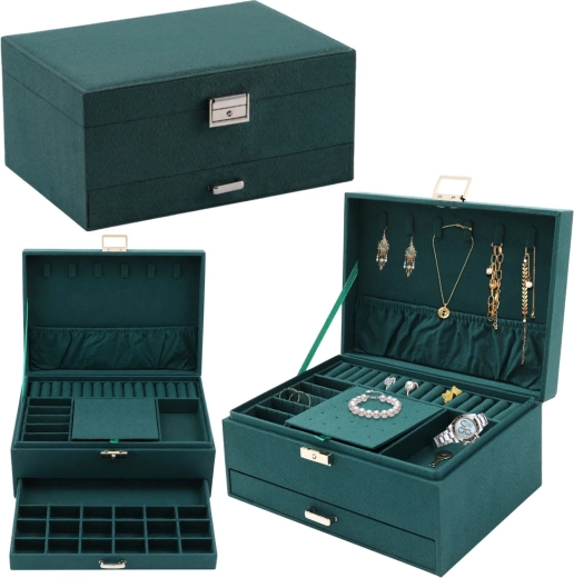 Green velvet jewelry box with drawer and key