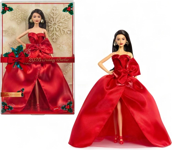 Mattel Barbie Signature колекционерска коледна кукла 2026, чернокоса в червена рокля