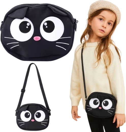 Детска crossbody чантичка коте с регулируема презрамка, черна 21 × 16 см