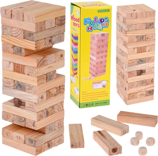 Wooden tumbling tower – skill game with numbered blocks and 4 dice