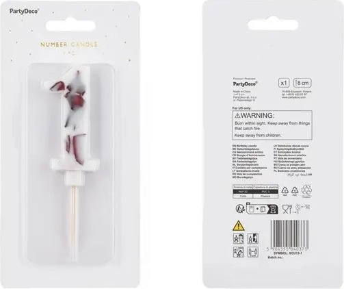 White number 1 birthday candle with marble pattern, 8 cm
