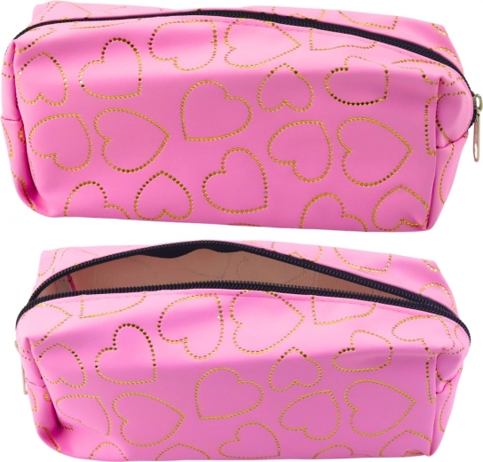 Pink school pencil case with golden hearts
