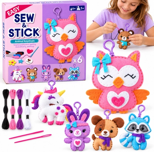 Creative Sewing and Gluing Kit for Felt Animal Charms - 6 Pieces