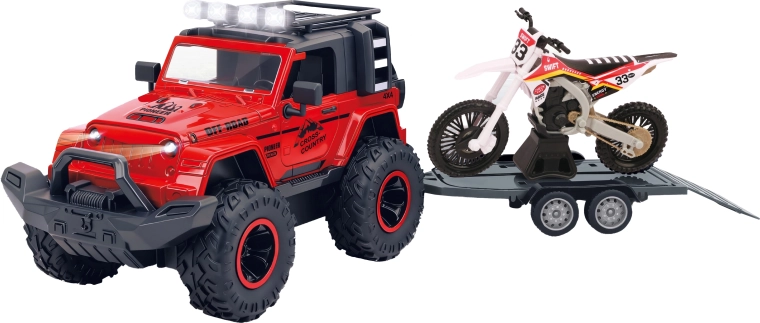 Off-road vehicle with trailer and motorcycle with light and sound effects 43 cm