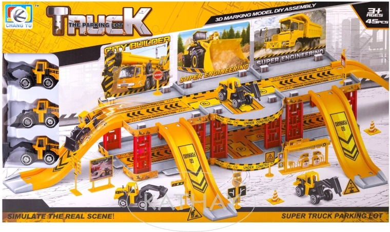 Garage parking lot for construction vehicles with 3 cars