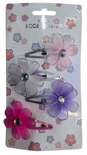 PINK set of hair clips with tulle flowers, mixed colors (4 pcs)