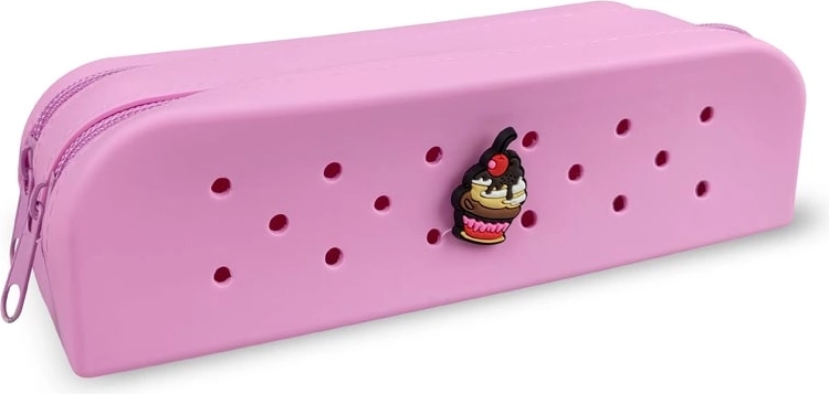 Gifty pink double silicone pencil case with decorative pin