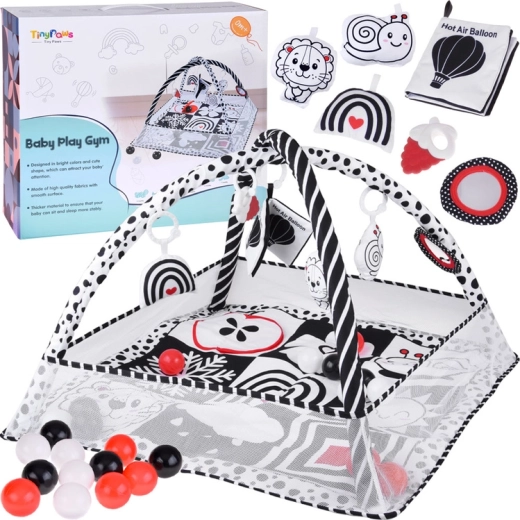 High-contrast baby play mat with playpen, balls, book and crinkle toy