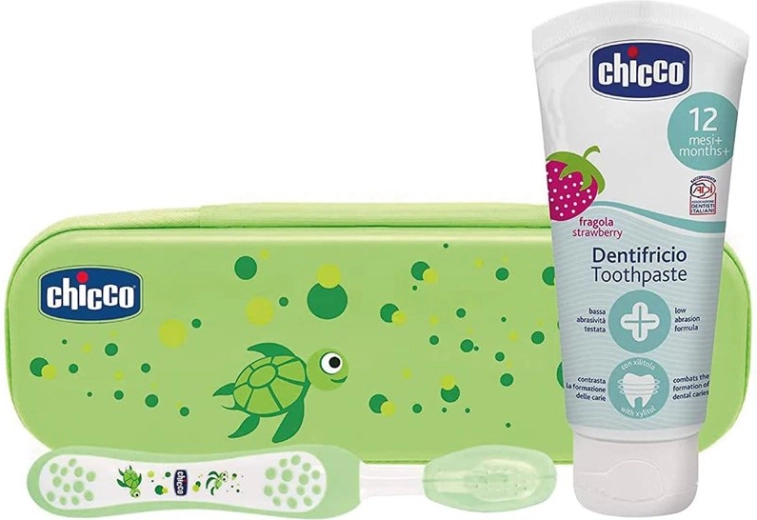 Chicco комплект детска четка за зъби и паста с флуор в калъф Always Smiling, зелен, 12м+