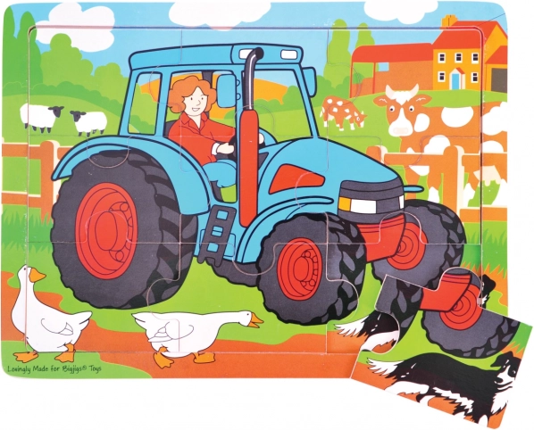 Дървен пъзел трактор 9 части Bigjigs Toys