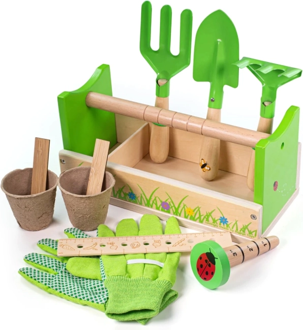 Bigjigs Toys gardening set in a crate for children