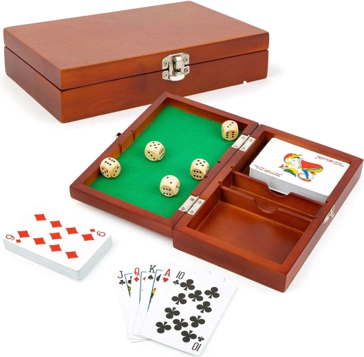 Small foot playing dice and cards in a wooden box