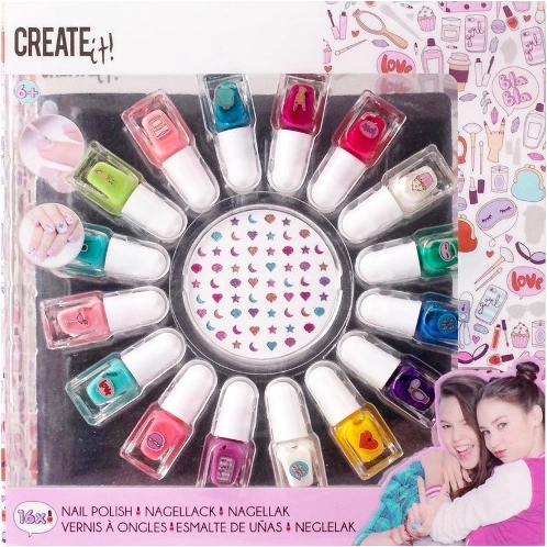 Create It! лакове за нокти – комплект 16 цвята с декорации