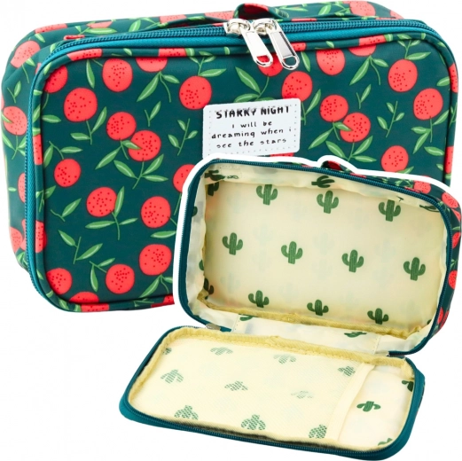 School Case with Cherry Print, Green, 22.5cm