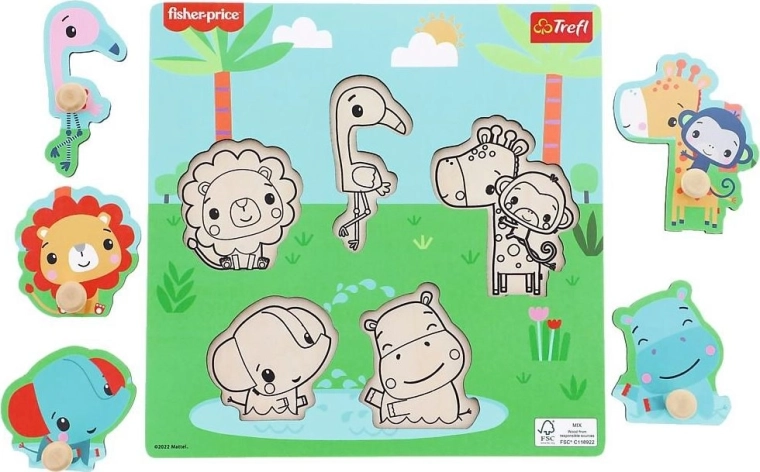 Дървен пъзел за поставяне FISHER-PRICE с дръжки, 5 части