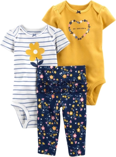 CARTER'S 3-piece baby set – 2× short-sleeve bodysuits and long pants, multicolor flowers – Size 56