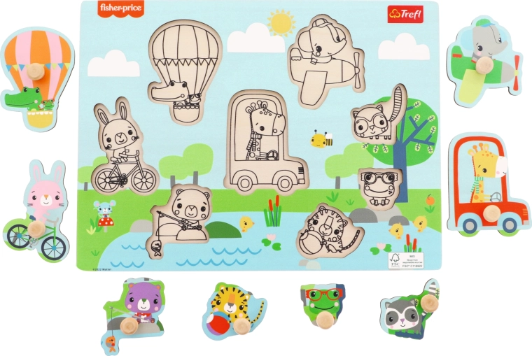 Дървен пъзел за поставяне Fisher-Price животни, 8 части