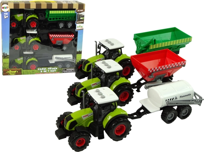 Set of three tractors with trailers and sprayer – farm machines for kids