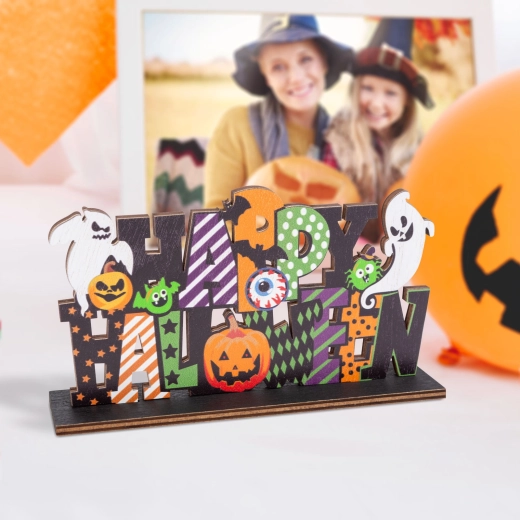 Хелоуинска дървена декорация за рафт Happy Halloween