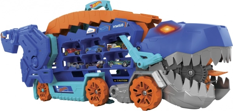 Hot Wheels T-Rex Mega Transporter – динозавърски транспортьор и състезателна писта