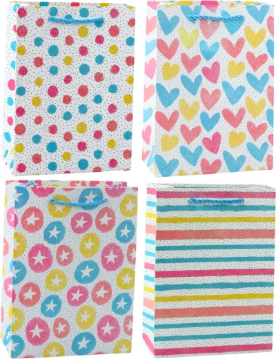 Colorful gift bag hearts, stars, dots, stripes