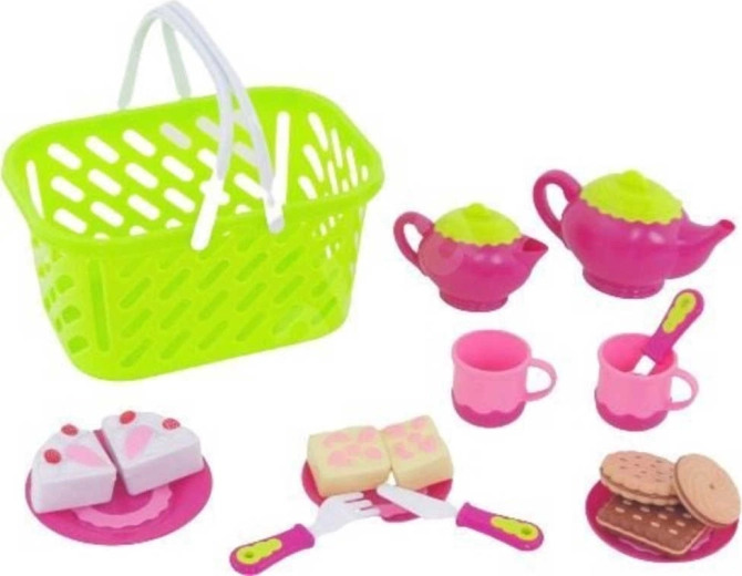 Children’s tea set with food in a shopping basket