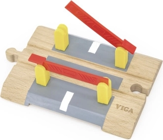 Wooden railway crossing with battery-powered gates