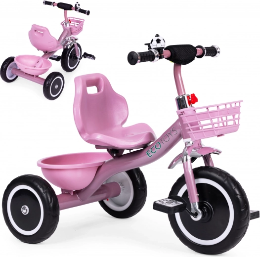 Children's tricycle with non-slip grips, bell and basket, pink ECOTOYS