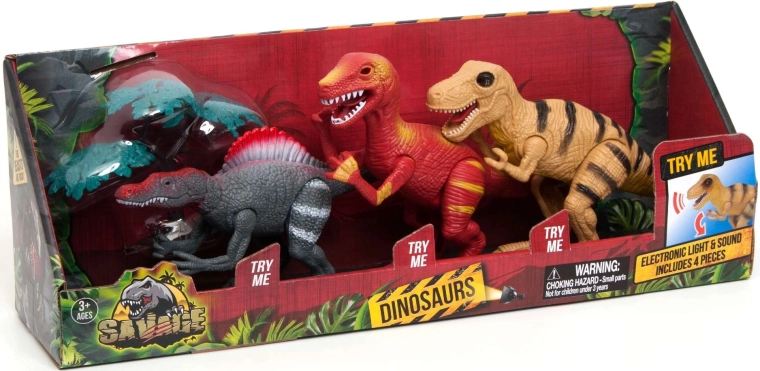 Three dinosaurs and a tree in one package