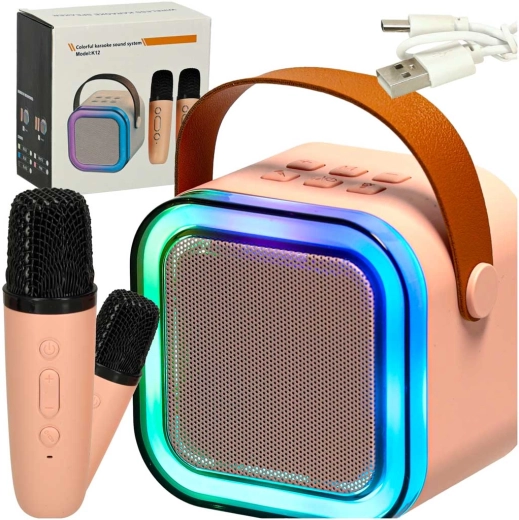 Караоке комплект с Bluetooth високоговорител, 2 безжични микрофона и LED подсветка 6 W – розов